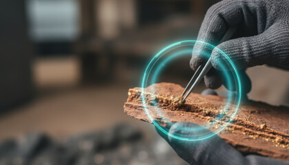 Gold nugget mining sample geology hand tool analysis rock fragment focus glow overlay