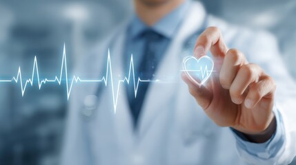 Doctor interacting with a digital heart symbol and electrocardiogram on screen