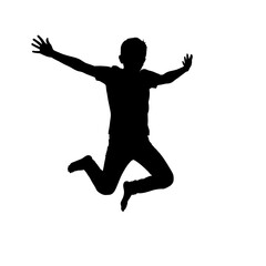 Silhouette of a person jumping with arms outstretched in joy.