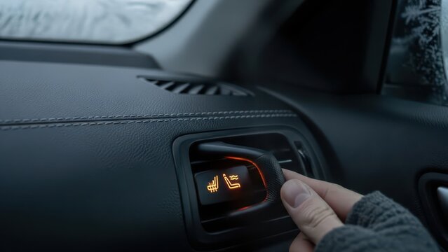 Car seat heating button with warm light indicator in winter interior setting