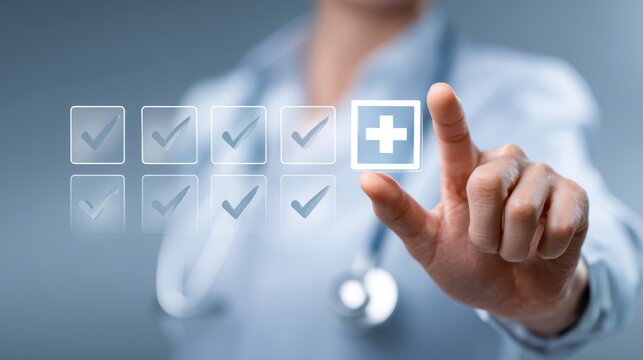 Doctor's hand touching a digital screen with medical checklist and plus icon