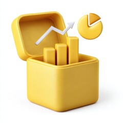 Yellow graph box with pie chart icon isolated on white background isolated on white background