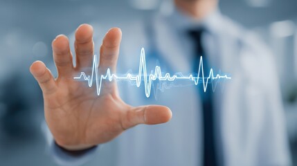 Doctor interacting with a futuristic holographic electrocardiogram display in a modern clinic