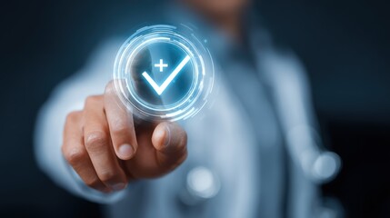 Doctor's hand touching a glowing checkmark with a plus sign on a futuristic interface