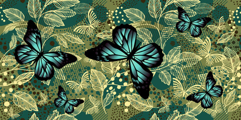 Leaf blue and beige Seamless pattern Background with butterflies. Leaves Pattern for fabric . leaf Wallpaper Hand drawn. Not AI, vector illustration