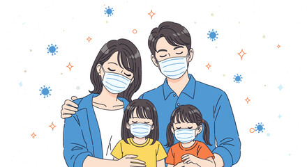 Young family with children wearing blue medical protective face masks for virus prevention and health safety during pandemic, flat vector illustration.