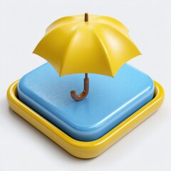 Yellow umbrella on blue square, isolated on white background isolated on white background
