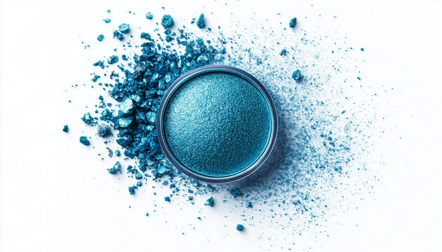 Crushed peacock eyeshadow powder with intact round pan in center, scattered makeup powder and chunks on pure white background