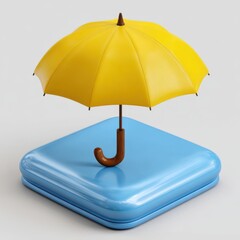 Yellow umbrella on blue suitcase isolated on white background isolated on white background
