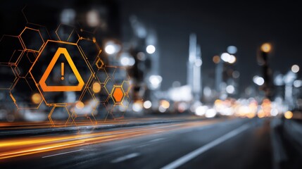 Digital warning sign overlayed on a blurred city street at night with light trails