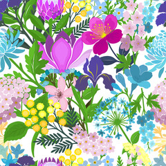 Blooming Meadow Boho light Seamless Pattern. Ditsy Print. Wildflowers Vintage Background. Simple Different Small Flowers. Millefleurs Liberty Style Floral Design For Fabric, Paper, Surface Design.