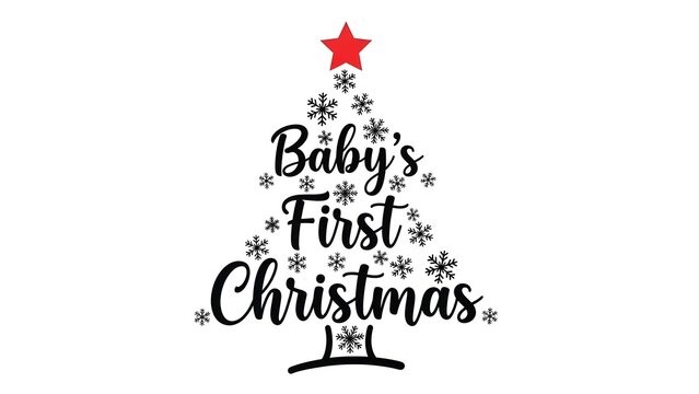 A black christmas tree graphic with the words babys first christmas on a white background