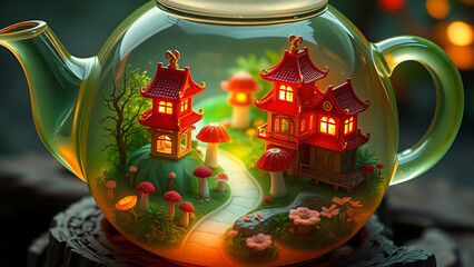 A handmade antique ceramic teapot and porcelain cup of tea sit beside a traditional clay vase and decorative gold ornament as part of a classic pottery art design