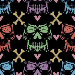 Seamless pattern with skulls, bones and hearts. Halloween background. Vector illustration.
