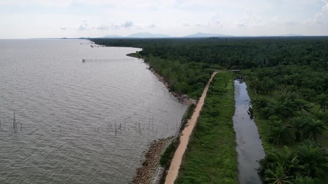 A river runs through a forest and is next to a body of water. The water is calm and the trees are green. Aerial view Pantai Parit Hailam, Batu Pahat