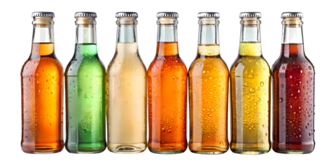 Seven refreshing bottles of colorful soda pop with condensation on a black background