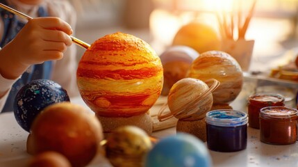 Child painting handmade solar system model with painted planet spheres and brushes
