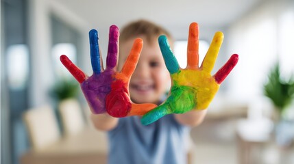 Child showing painted hands with rainbow finger paint indoors