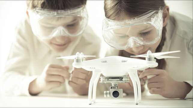 Two children inspecting a white camera drone wearing safety goggles in a STEM classroom - Powered by Adobe