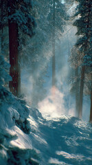 Snow Covered Forest Path for Winter Hiking and Outdoor Activity, Cold Climate Travel Destination for Sightseeing and Trekking in Snowy Mountain Woods