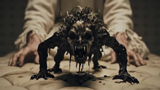 Horror creature drawing comes to life. Terrifying monster animates from paper, crawling towards the viewer. Nightmare and supernatural transformation concept