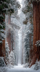 Sequoia National Park Winter Hiking Trail, Giant Sequoia Trees Travel Destination for Sightseeing and Outdoor Adventure, California State Tourism and Snow Forest Landscape