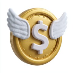 Golden coin with wings symbol isolated on white background isolated on white background