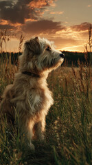 Wheaten Terrier Sitting in Meadow at Sunset Time, Adventure Pet Travel and Hiking Activity in Rural Nature Landscape, Scenic Golden Hour Dog Portrait and Outdoor Scenery