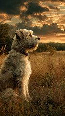 Wheaten Terrier Sitting in Meadow at Sunset Time, Adventure Pet Travel and Hiking Activity in Rural Nature Landscape, Scenic Golden Hour Dog Portrait and Outdoor Scenery
