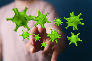 Illustration of a human hand touching floating green viruses. Concept of infection, illness, and disease. Heal