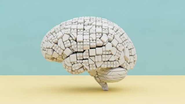Creative brain shape made of white plastic blocks on pastel background