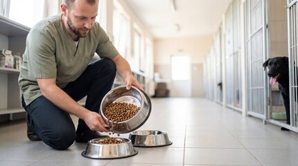 Caring shelter worker kneels to fill dog bowls with kibble in a bright, clean animal shelter hallway