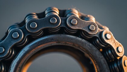 Motorcycle chain lock with heavy-duty steel links, gritty realistic texture, rugged security gear designed for protection and durability, industrial look with strong and reliable character