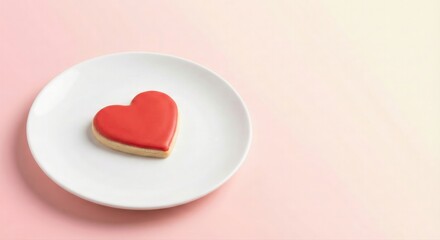 Heart-shaped cookie with red icing on white plate for Valentine's Day celebration