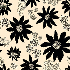 Black summer abstract floral seamless pattern. Hand drawn bloom flowers, leaves textile design. Botanical garden, Hawaii tropical nature repeat background, wallpaper, print. Vector illustration.