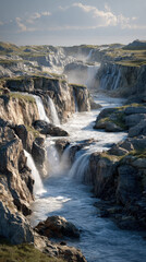 Majestic Waterfall in Iceland Mountain Range, Hiking Through Moody Nordic Landscape with Mist and Rushing Water, Adventure Travel and Nature Exploration in Icelandic Wilderness