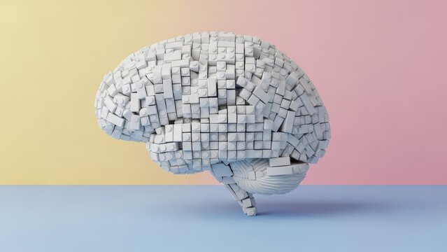 Creative brain shape made of white plastic blocks on pastel background