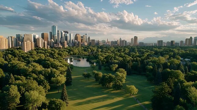 Aerial View of City Park Lake and Lush Greenery with Urban Skyline at Golden Hour