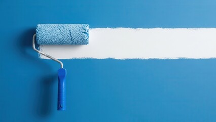 Obraz premium Paint roller applying a horizontal white stripe on a solid blue wall background