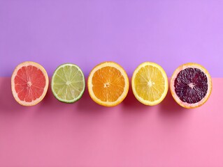 Colorful citrus halves arranged in straight line on soft purple background creating modern minimalist fruit still life with graphic contrast
