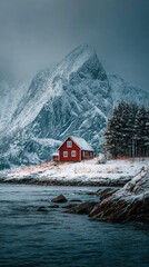 Red Cabin in Snowy Norway Landscape, Traditional Nordic House at Foot of Majestic Winter Mountain, Moody Fjord Scenery for Nature Photography and Winter Sightseeing