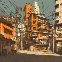 Fototapeta premium Narrow Urban Street Lined with Orange and Photo White Buildings and Tangled Wires alley