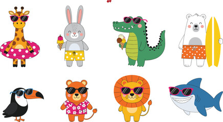 Cute cartoon animals in summer outfits with sunglasses giraffe bunny crocodile polar bear toucan tiger lion and shark collection vector illustration isolated. © MstRozinaAkter