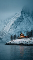 Red Cabin in Snowy Norway Landscape, Traditional Nordic House at Foot of Majestic Winter Mountain, Moody Fjord Scenery for Nature Photography and Winter Sightseeing