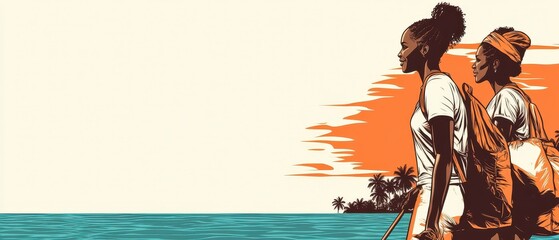 Two women walk along a tropical coast near palm trees under a warm sky.