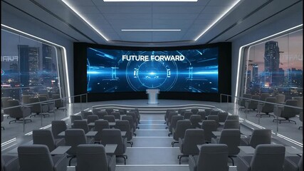 Modern Conference Room Displaying Future Forward Message With Technology and Audience