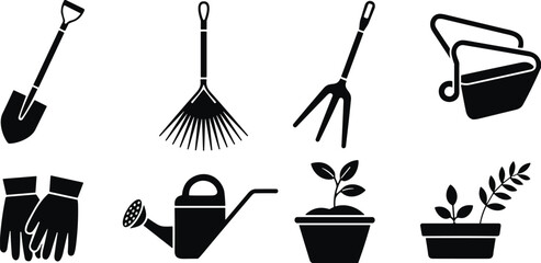Gardening tools icon set including shovel rake fork watering can gloves potted plants minimal black silhouette illustration for stock design © Bokul Creatives