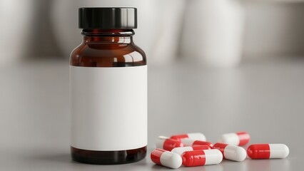 Pharmaceutical amber glass bottle with blank label and scattered red and white capsules on a grey surface