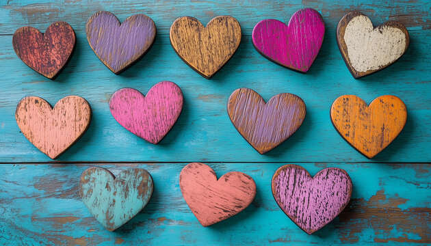 Wooden hearts displayed on colorful wooden background with ample copy space