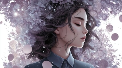 Delicate woman portrait surrounded by floral elegance in a surreal dreamscape midjourney gigapixel style ethereal atmosphere